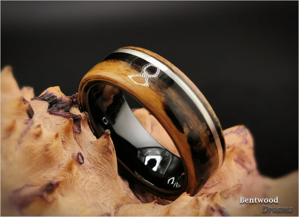 Malabar Ebony Bentwood Ring: Sterling Silver Inlay, Black Ceramic Core