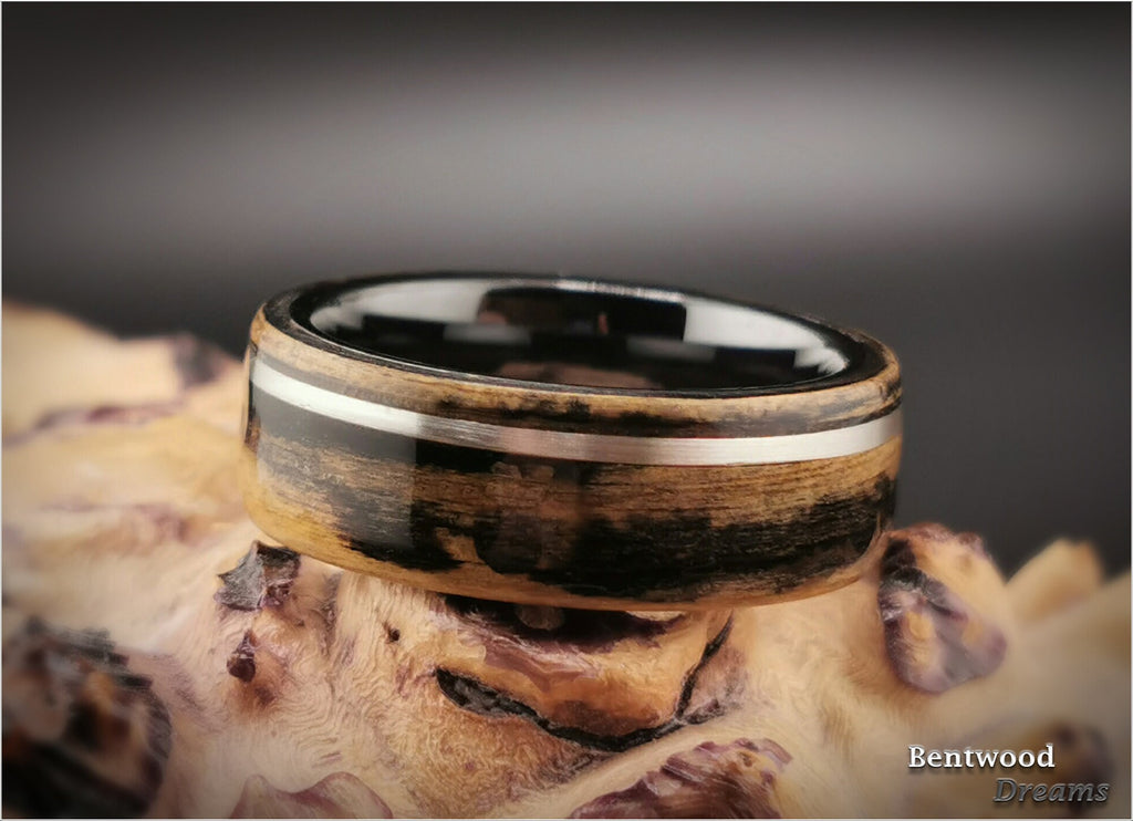 Malabar Ebony Bentwood Ring: Sterling Silver Inlay, Black Ceramic Core