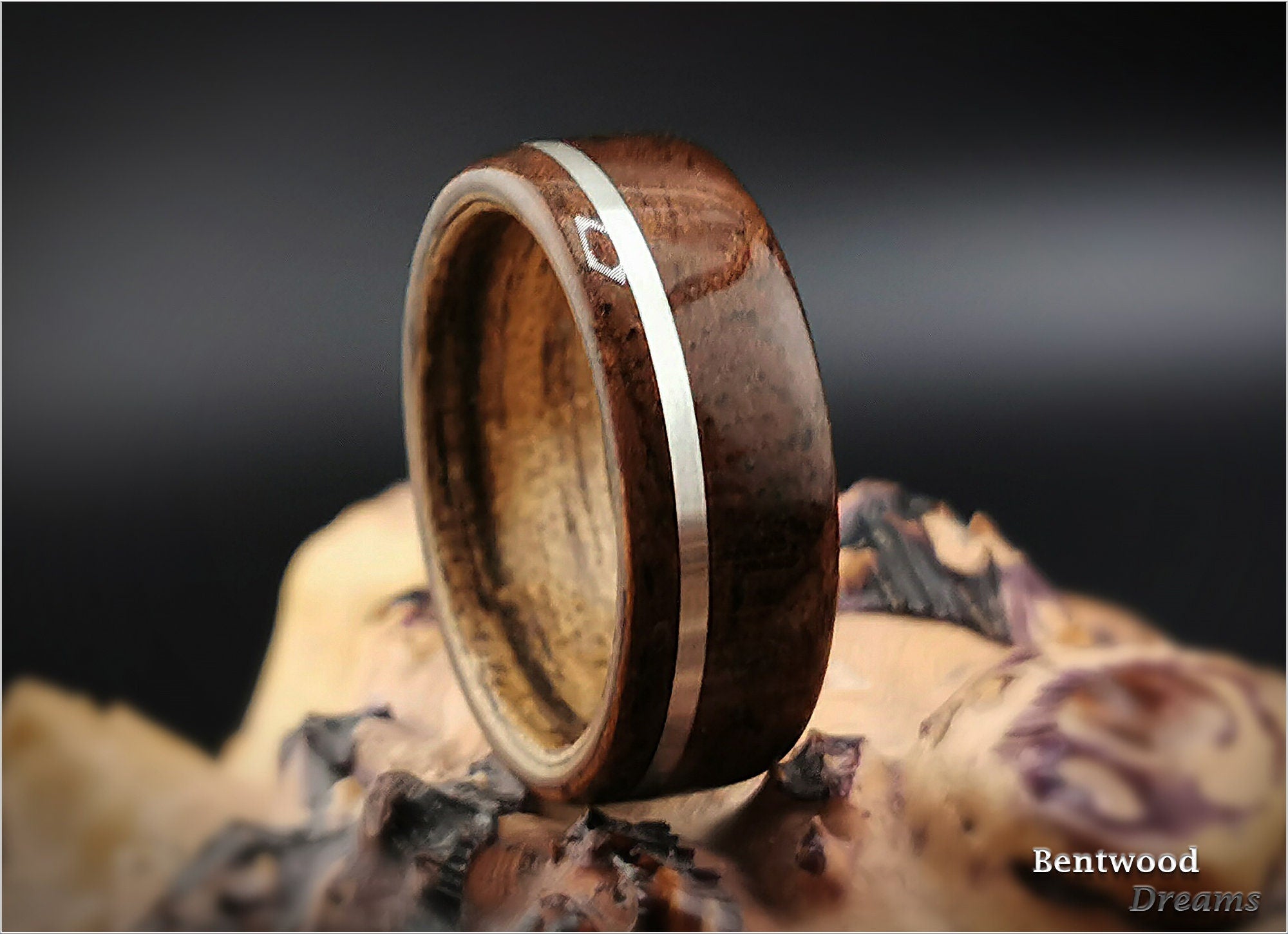Claro Walnut Burl Bentwood Ring: Sterling Silver Inlay, Paldao Core