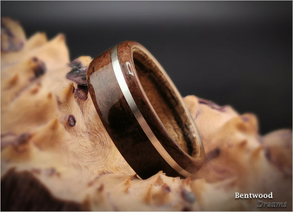 Claro Walnut Burl Bentwood Ring: Sterling Silver Inlay, Paldao Core