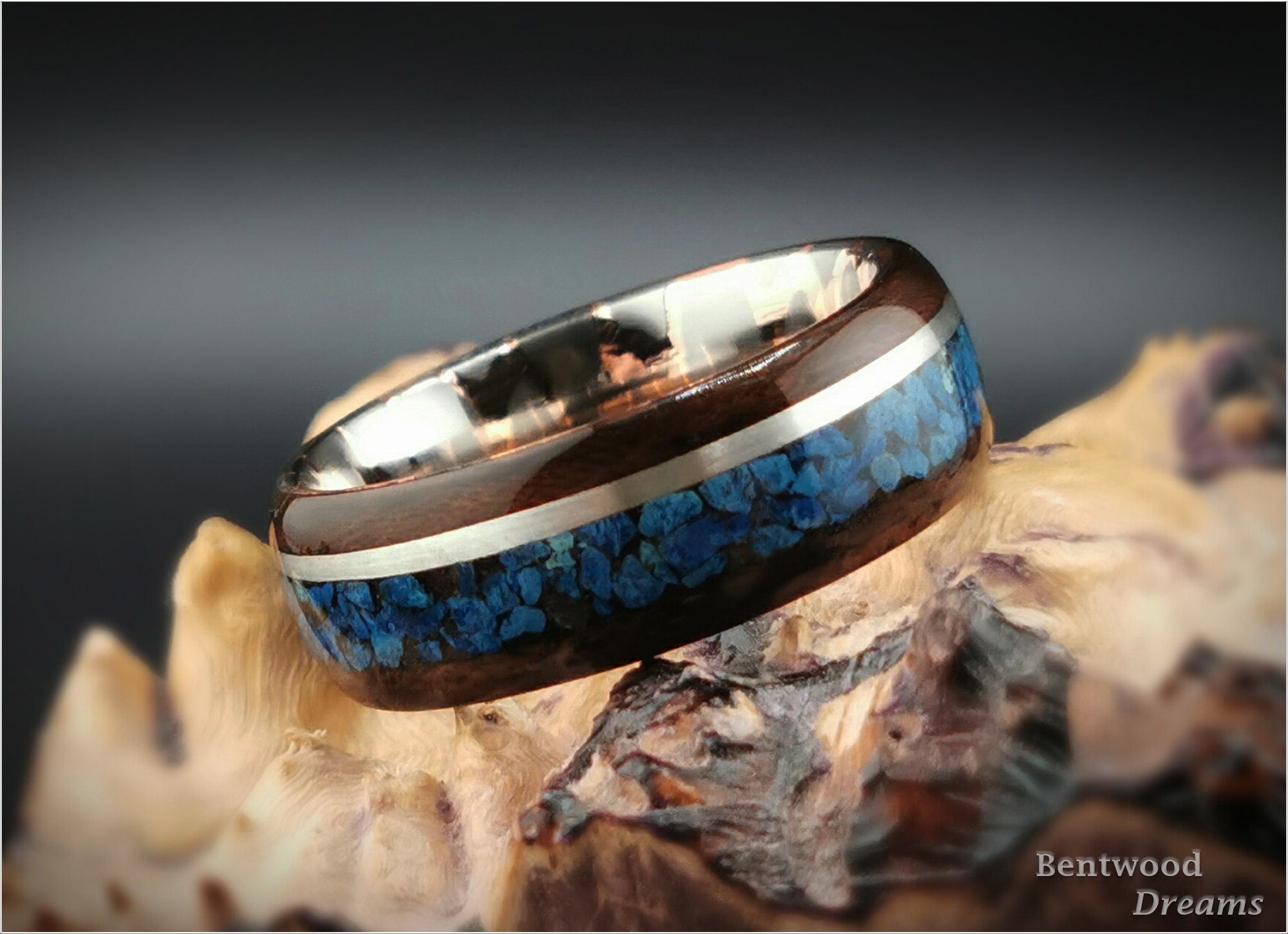 Bentwood Ring: Smoked Etimoe, inlaid Sterling Silver and Shattuckite, Superconductor core