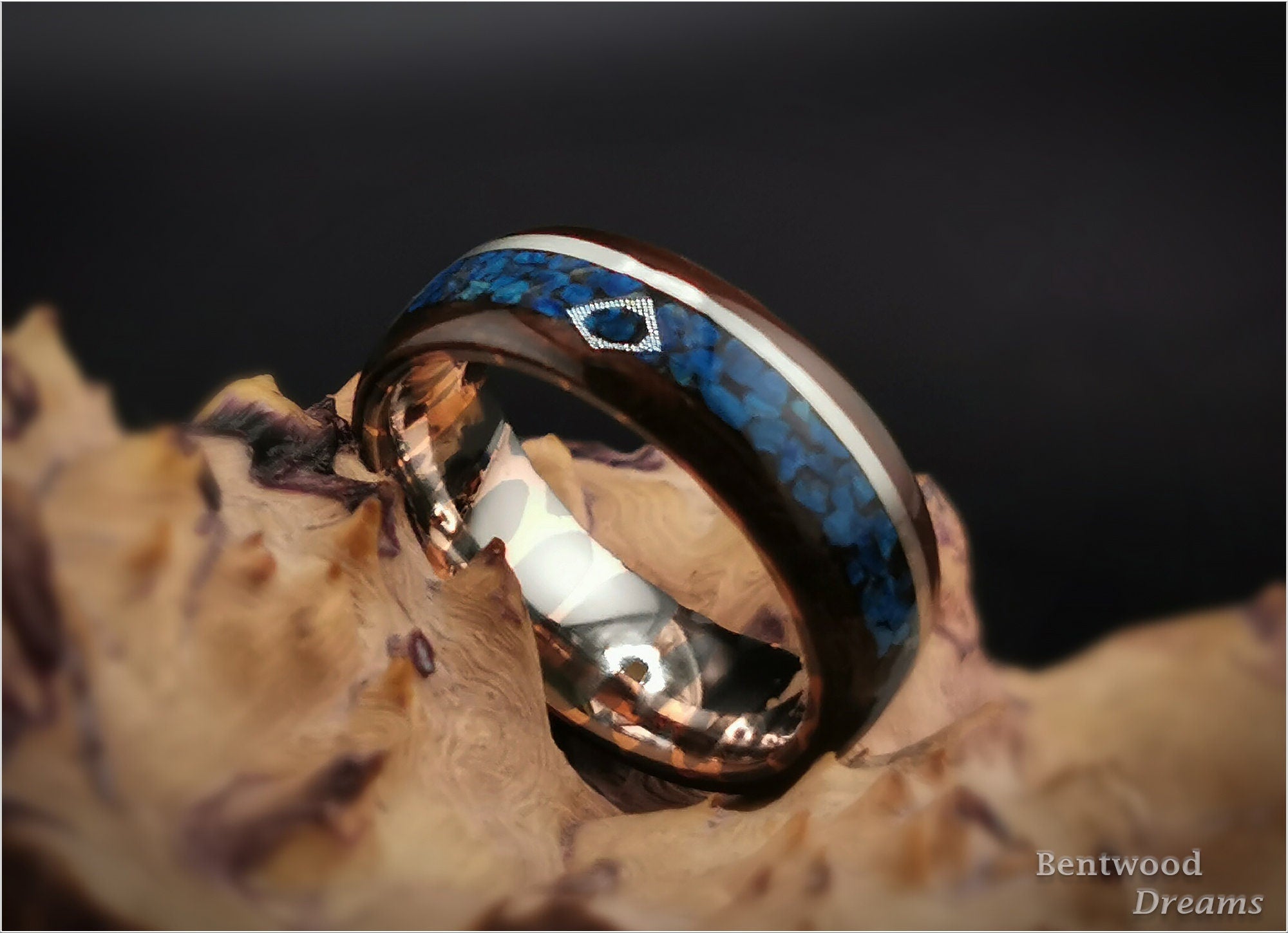 Bentwood Ring: Smoked Etimoe, inlaid Sterling Silver and Shattuckite, Superconductor core
