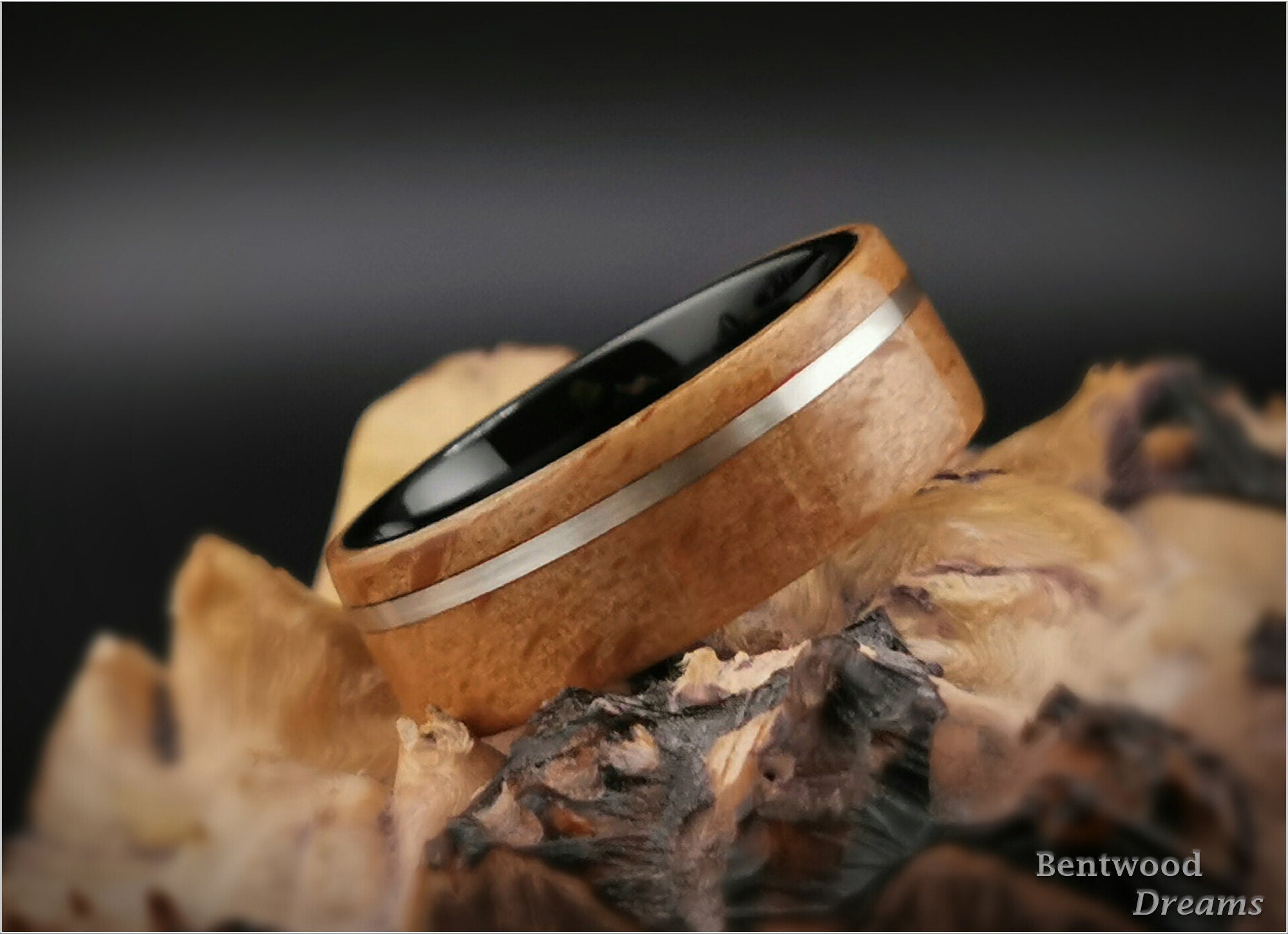 Bentwood Ring: Brownheart Beech, Sterling Silver, Polished Black Ceramic core