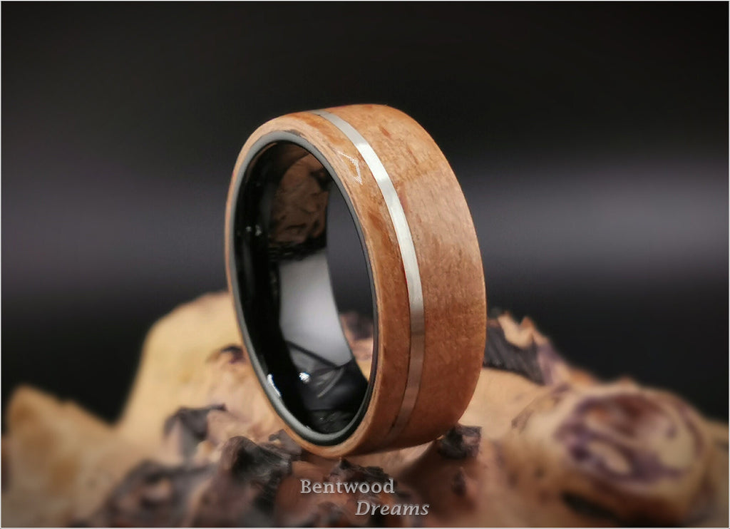 Bentwood Ring: Brownheart Beech, Sterling Silver, Polished Black Ceramic core