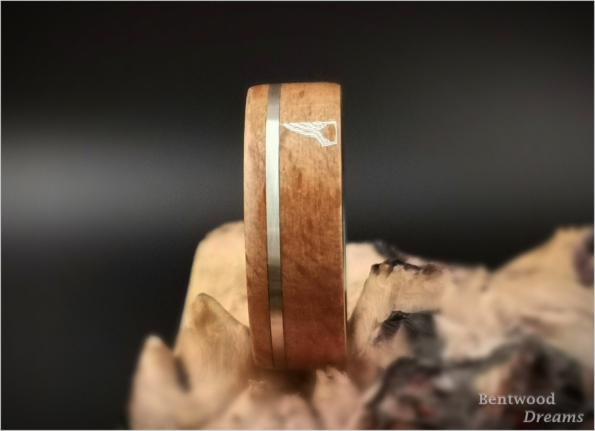 Bentwood Ring: Brownheart Beech, Sterling Silver, Polished Black Ceramic core