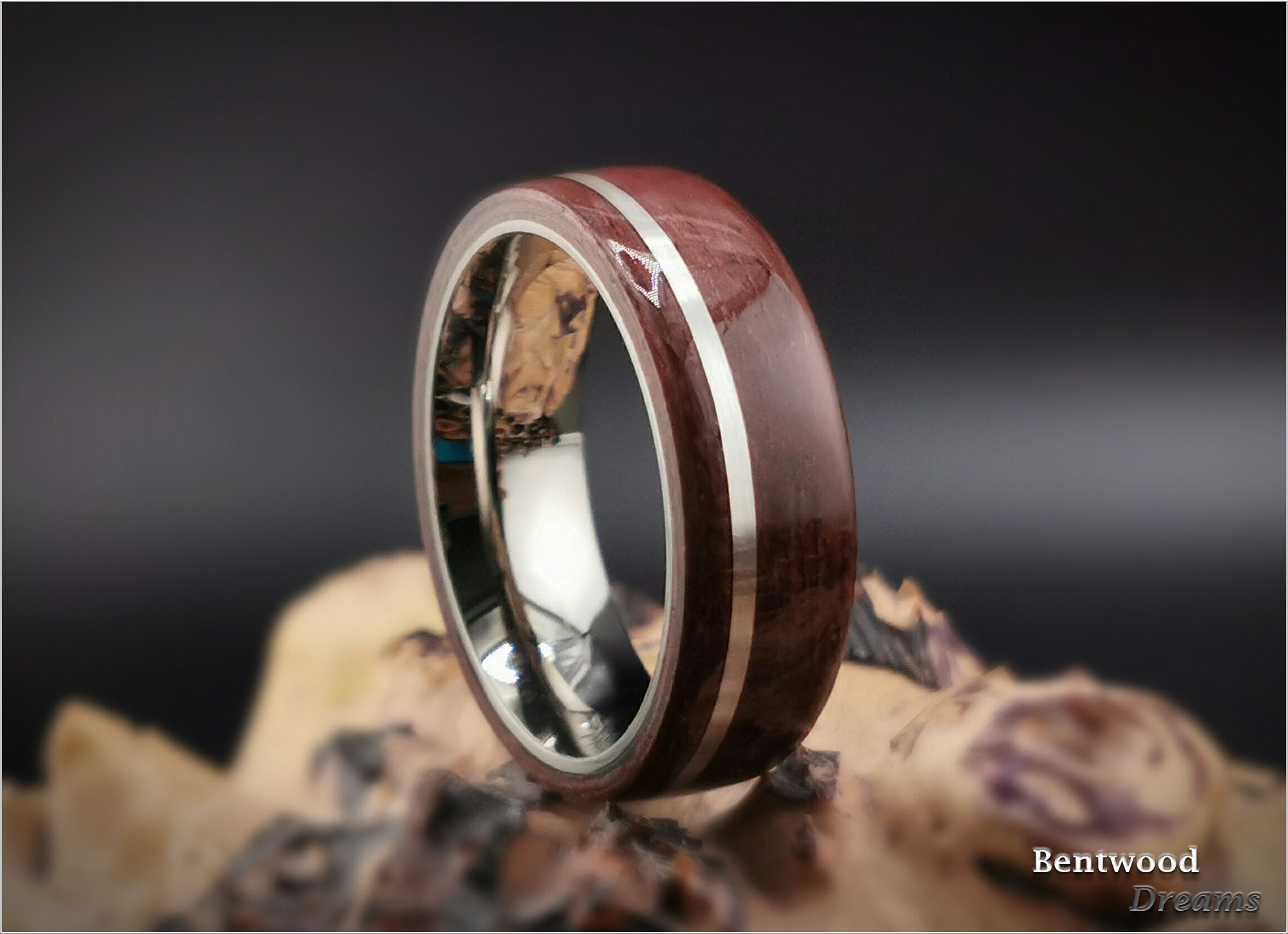 Bentwood Ring: Purpleheart, offset inlaid Sterling Silver, Polished Titanium core, wood ring