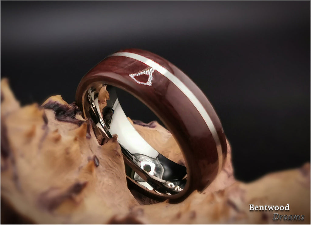 Bentwood Ring: Purpleheart, offset inlaid Sterling Silver, Polished Titanium core, wood ring