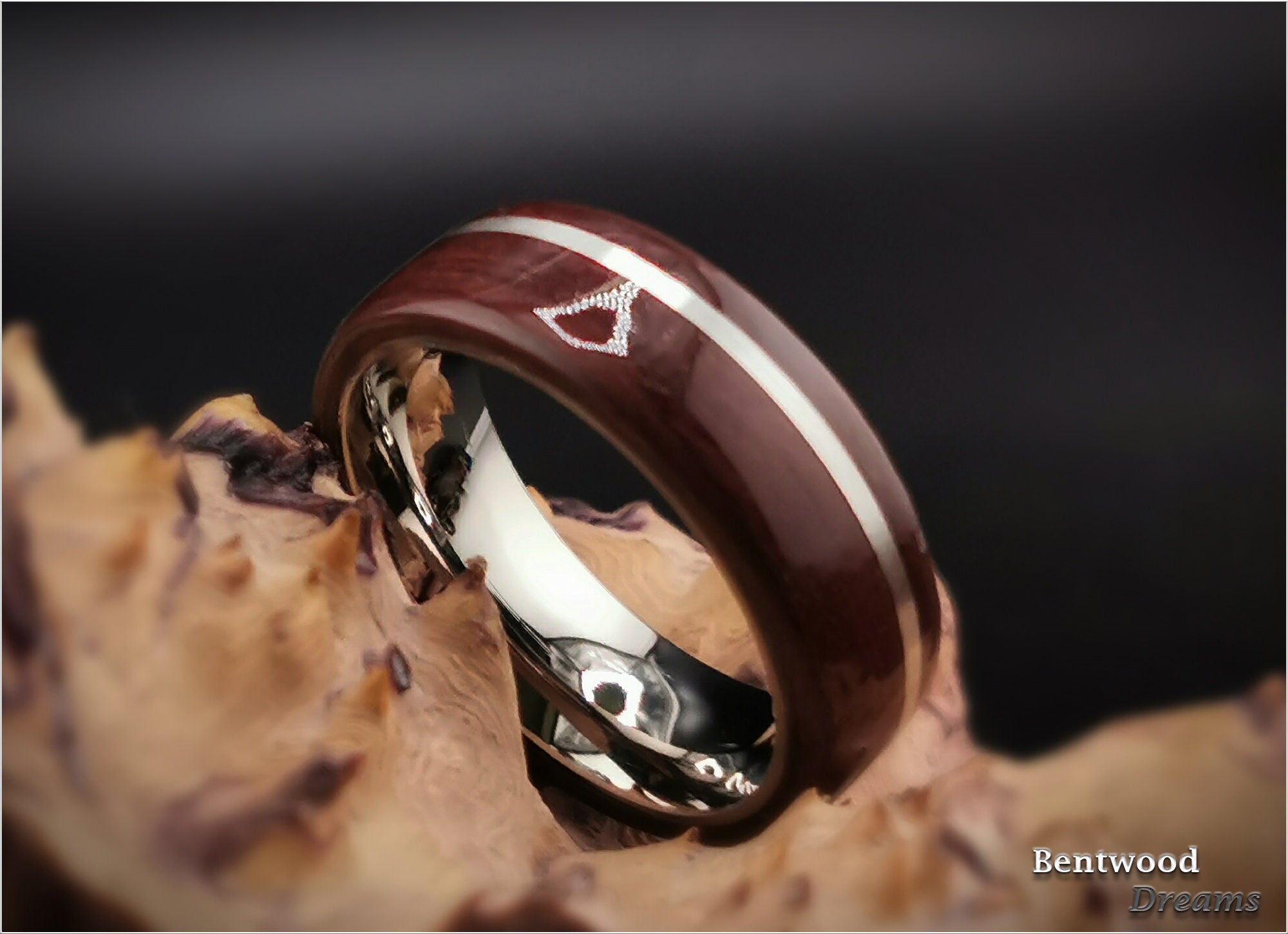 Bentwood Ring: Purpleheart, offset inlaid Sterling Silver, Polished Titanium core, wood ring
