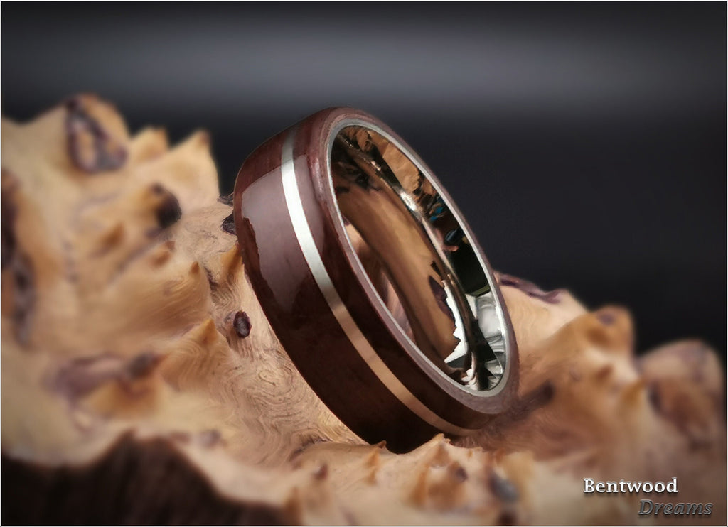 Bentwood Ring: Purpleheart, offset inlaid Sterling Silver, Polished Titanium core, wood ring
