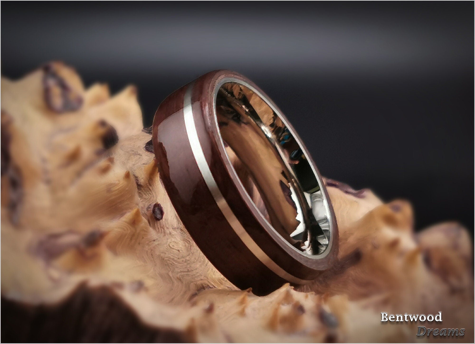Bentwood Ring: Purpleheart, offset inlaid Sterling Silver, Polished Titanium core, wood ring