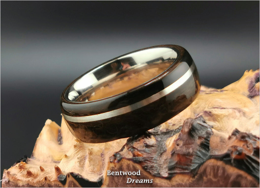 Bentwood Ring: Ziricote, offset inlaid Sterling Silver, Polished Titanium core, wood ring