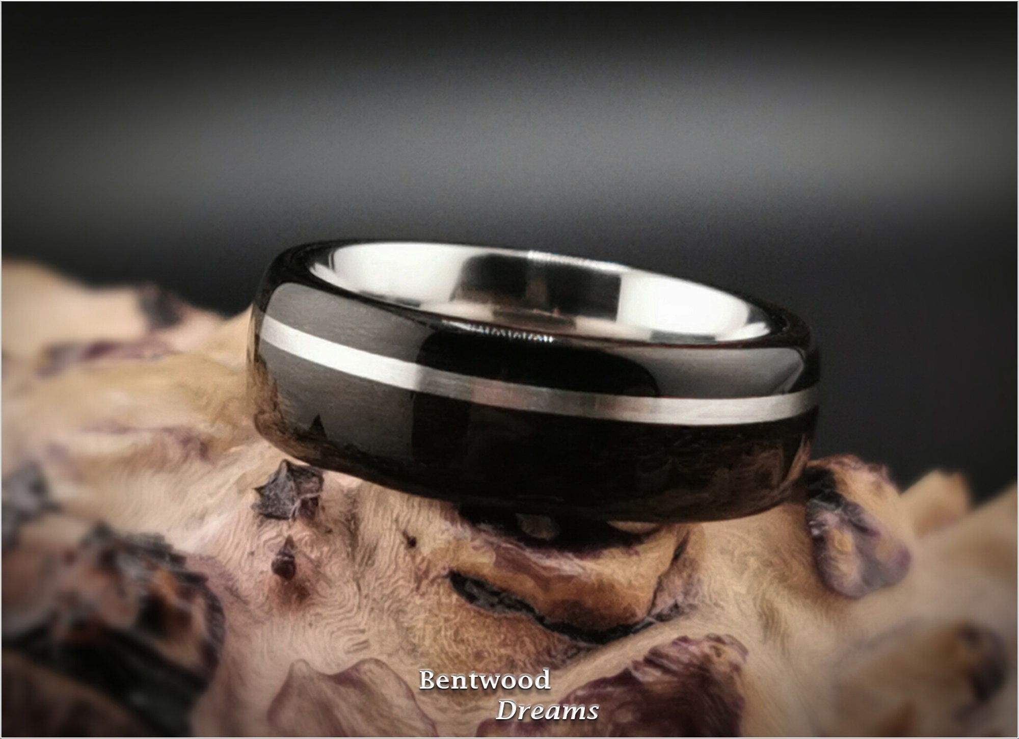 Bentwood Ring: Ziricote, offset inlaid Sterling Silver, Polished Titanium core, wood ring