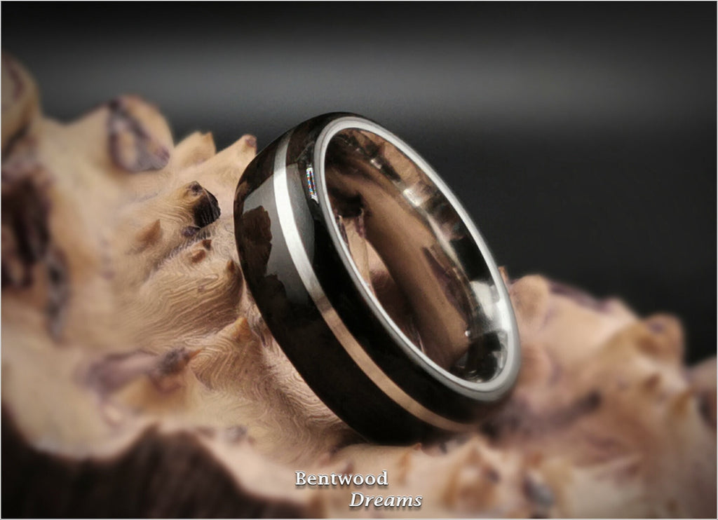 Bentwood Ring: Ziricote, offset inlaid Sterling Silver, Polished Titanium core, wood ring