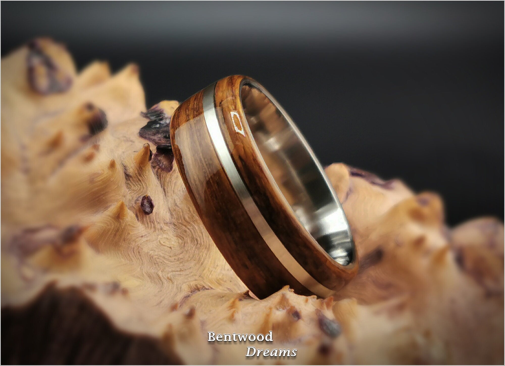 Bentwood Ring: English Brown Oak, offset inlaid Sterling Silver, Polished Titanium core