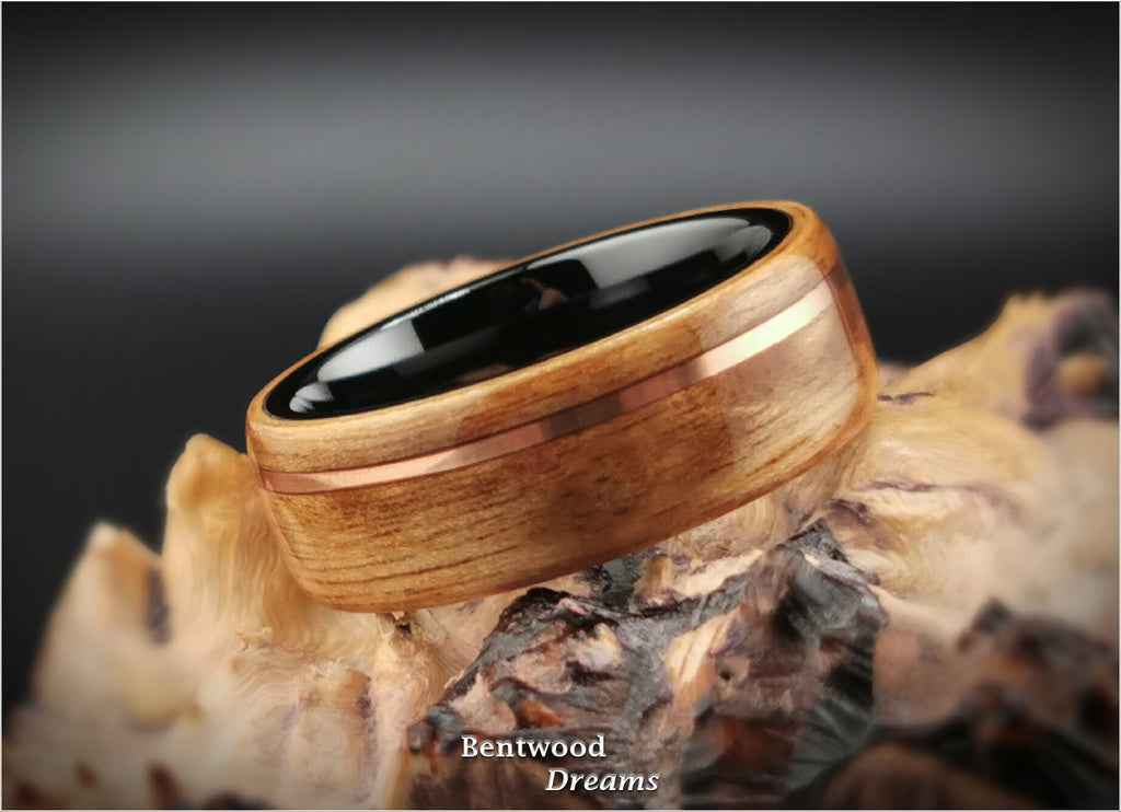 Birdseye Anigre Bentwood Ring: Copper Inlay, Black Ceramic Core