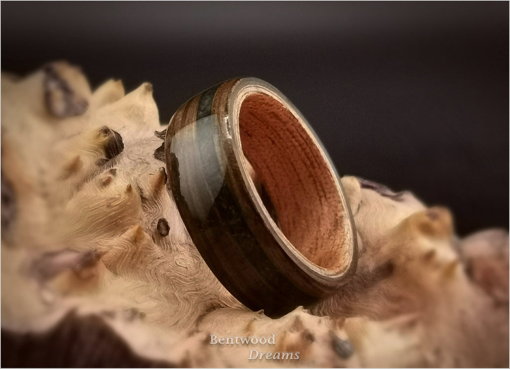 Bog Oak Bentwood Ring: Green Jasper Inlay, Figured Gaboon Core