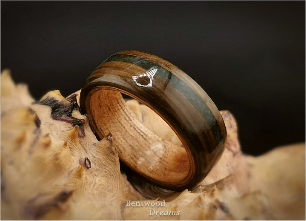 Bog Oak Bentwood Ring: Green Jasper Inlay, Figured Gaboon Core