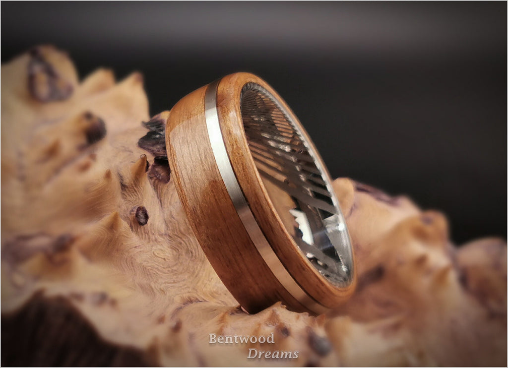 Birdseye Anigre Bentwood Ring: Damascus Steel Core, Sterling Silver Inlay