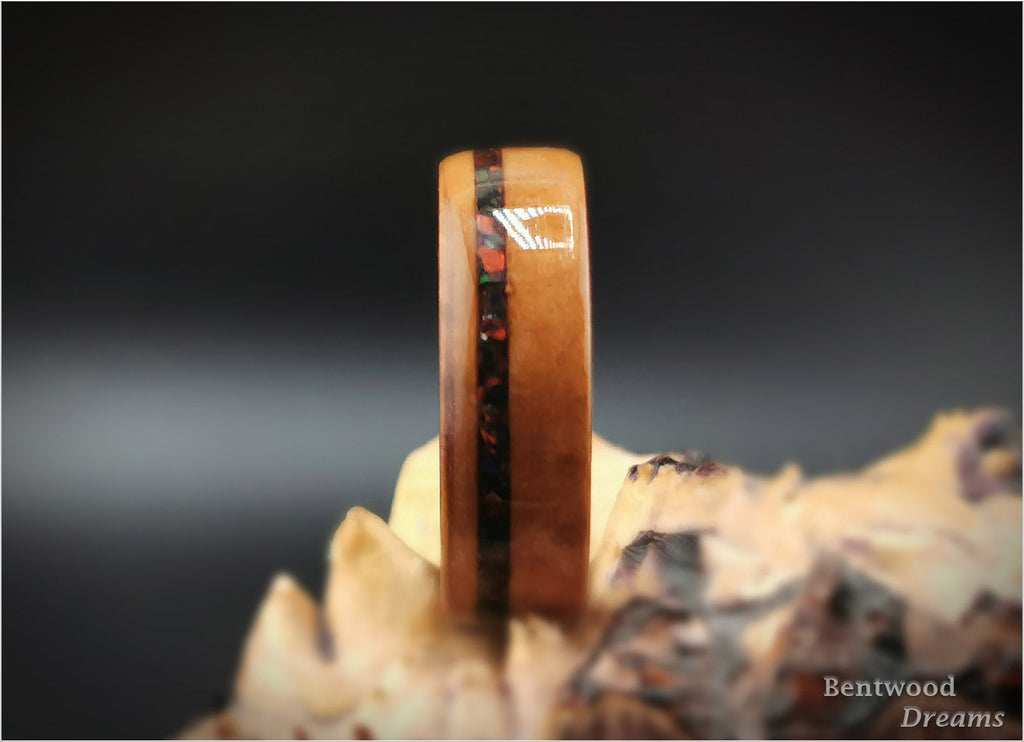 Bentwood Ring: Madrone Burl, offset inlaid Lab Opal, polished Tungsten Carbide core