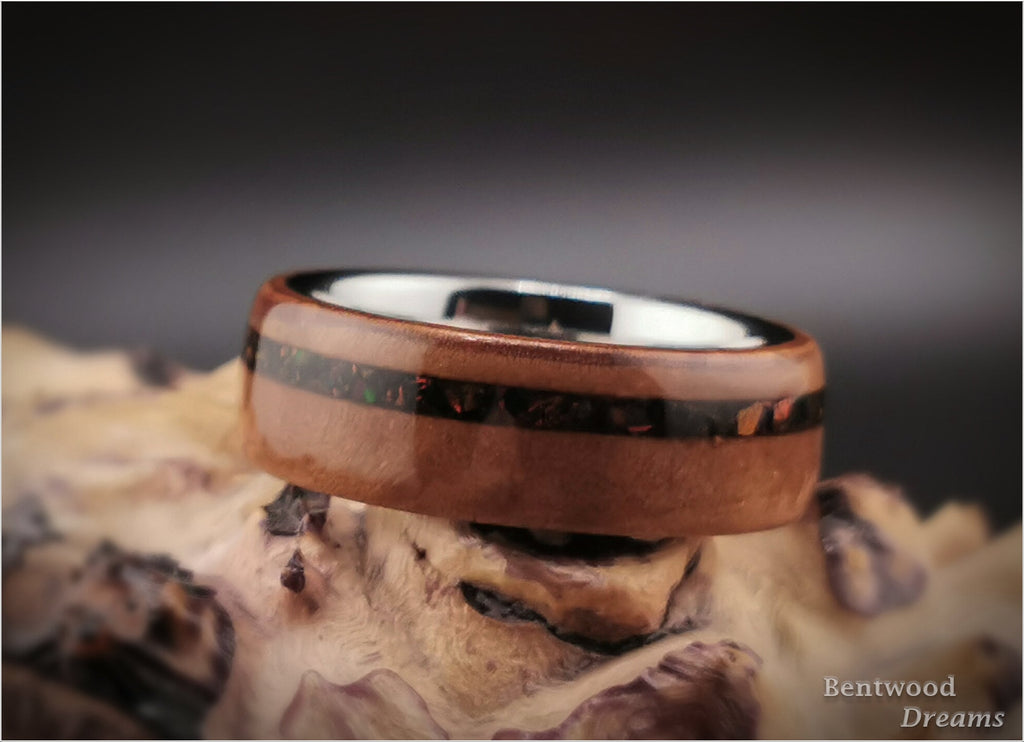 Bentwood Ring: Madrone Burl, offset inlaid Lab Opal, polished Tungsten Carbide core