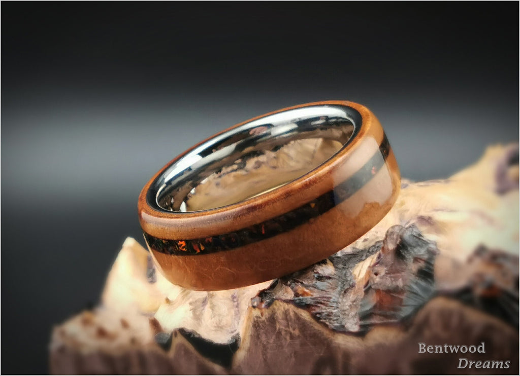 Bentwood Ring: Madrone Burl, offset inlaid Lab Opal, polished Tungsten Carbide core