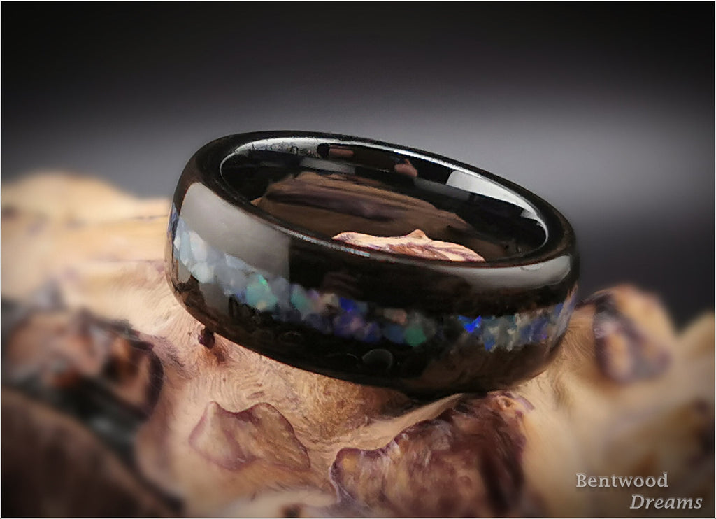 Bentwood Ring: Smoked Eucalyptus, Australian Black Opal, Polished Black Ceramic core