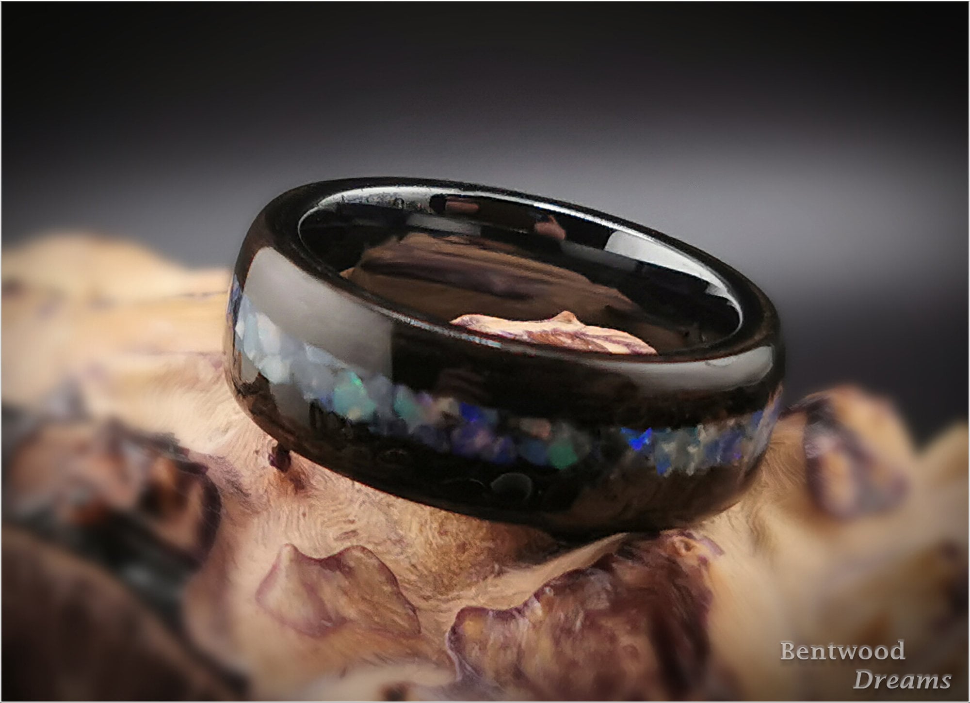 Bentwood Ring: Smoked Eucalyptus, Australian Black Opal, Polished Black Ceramic core