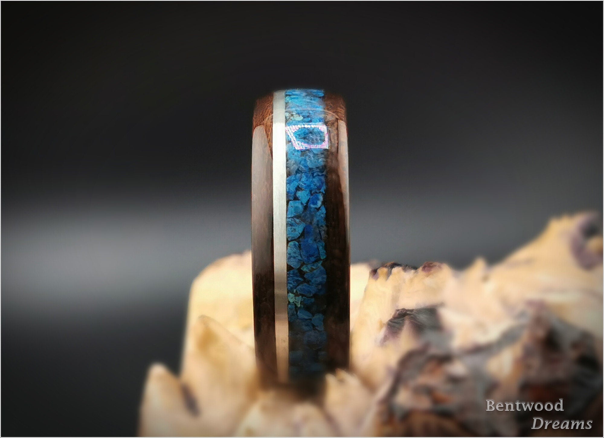 Bentwood Ring: Smoked Etimoe, inlaid Sterling Silver and Shattuckite, Superconductor core