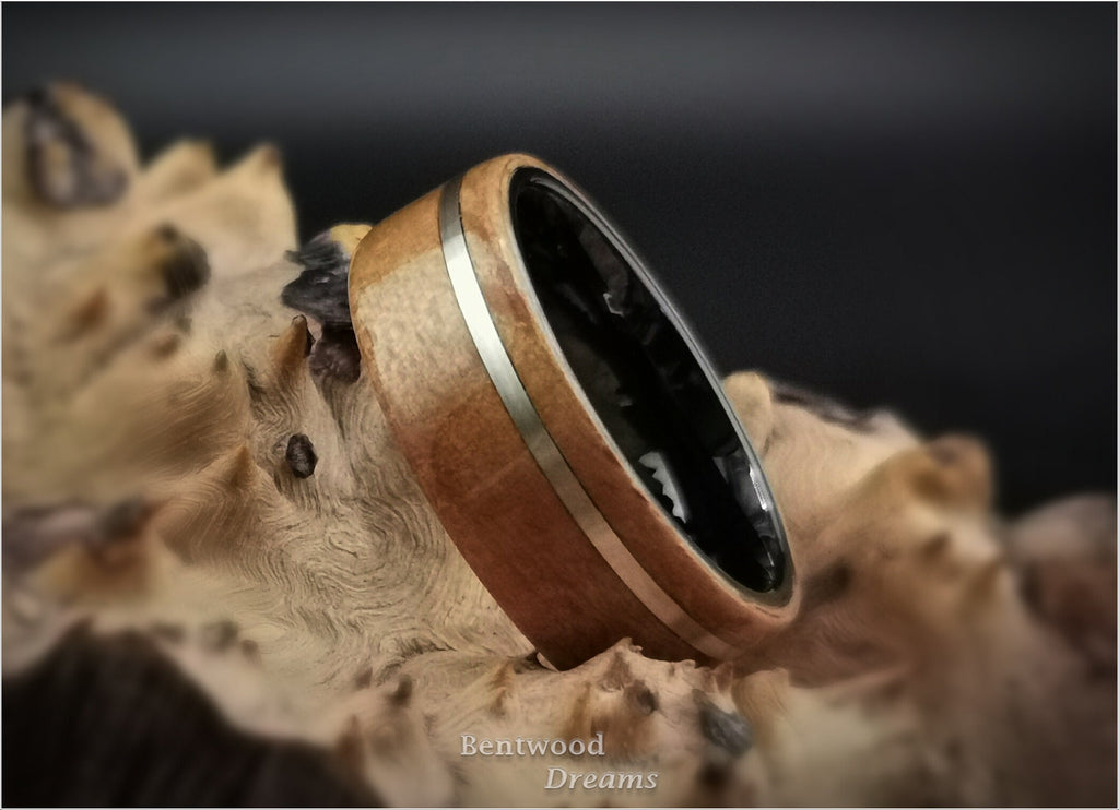 Bentwood Ring: Brownheart Beech, Sterling Silver, Polished Black Ceramic core