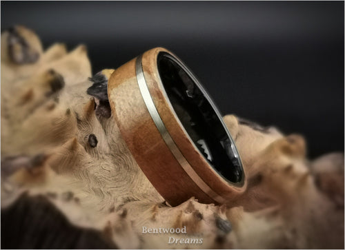 Bentwood Ring: Brownheart Beech, Sterling Silver, Polished Black Ceramic core