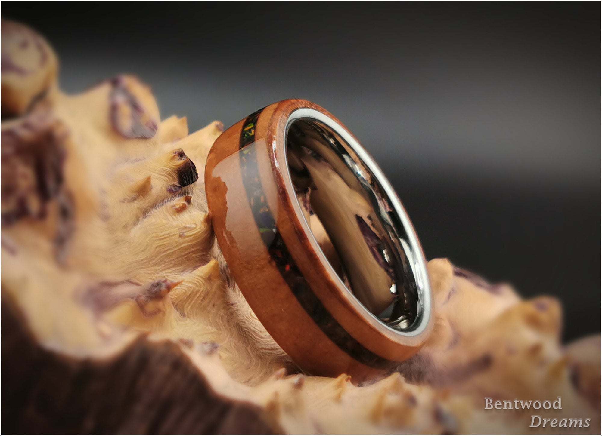 Bentwood Ring: Madrone Burl, offset inlaid Lab Opal, polished Tungsten Carbide core