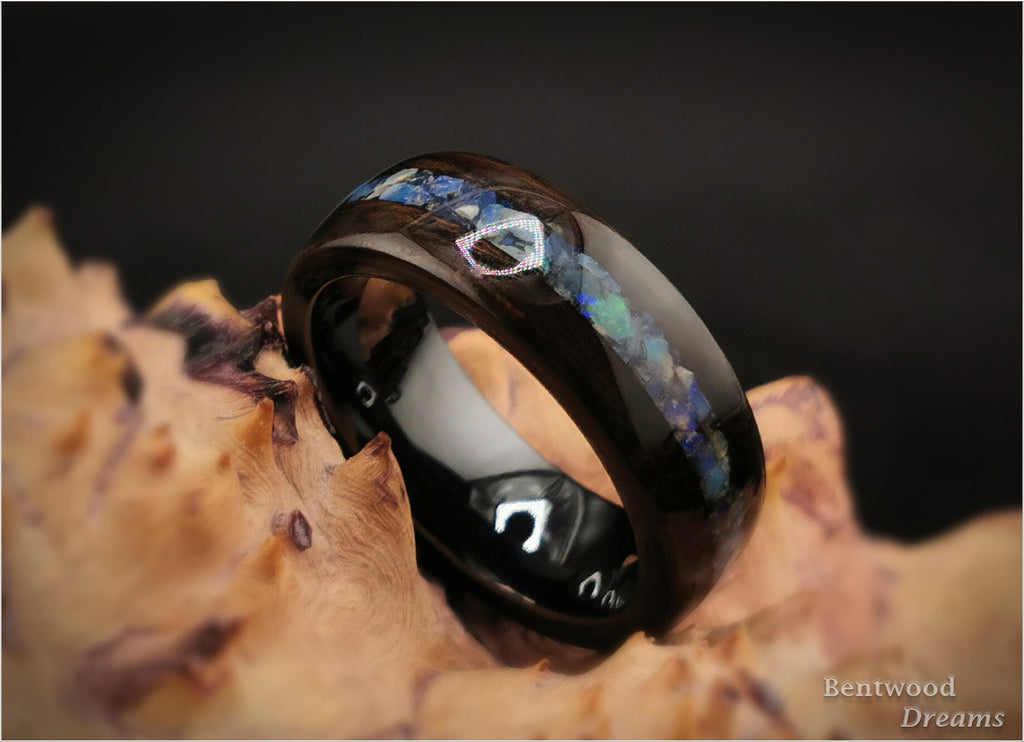 Bentwood Ring: Smoked Eucalyptus, Australian Black Opal, Polished Black Ceramic core