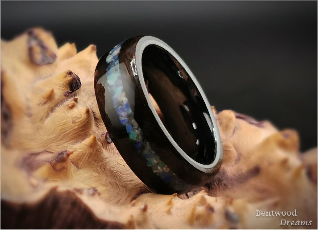 Bentwood Ring: Smoked Eucalyptus, Australian Black Opal, Polished Black Ceramic core