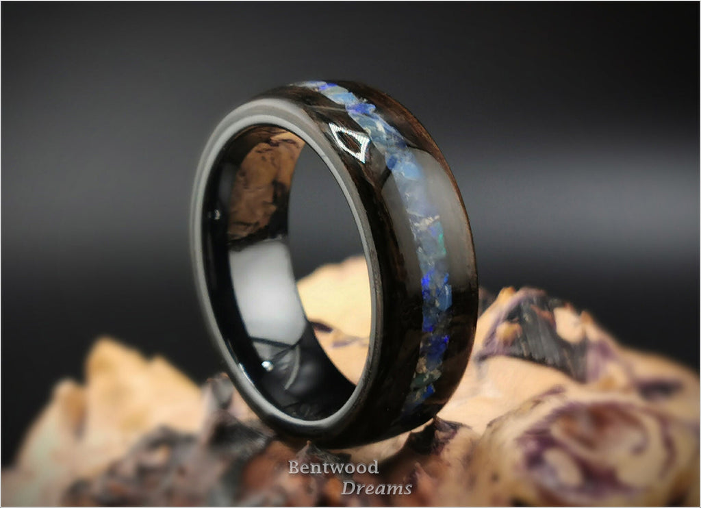 Bentwood Ring: Smoked Eucalyptus, Australian Black Opal, Polished Black Ceramic core