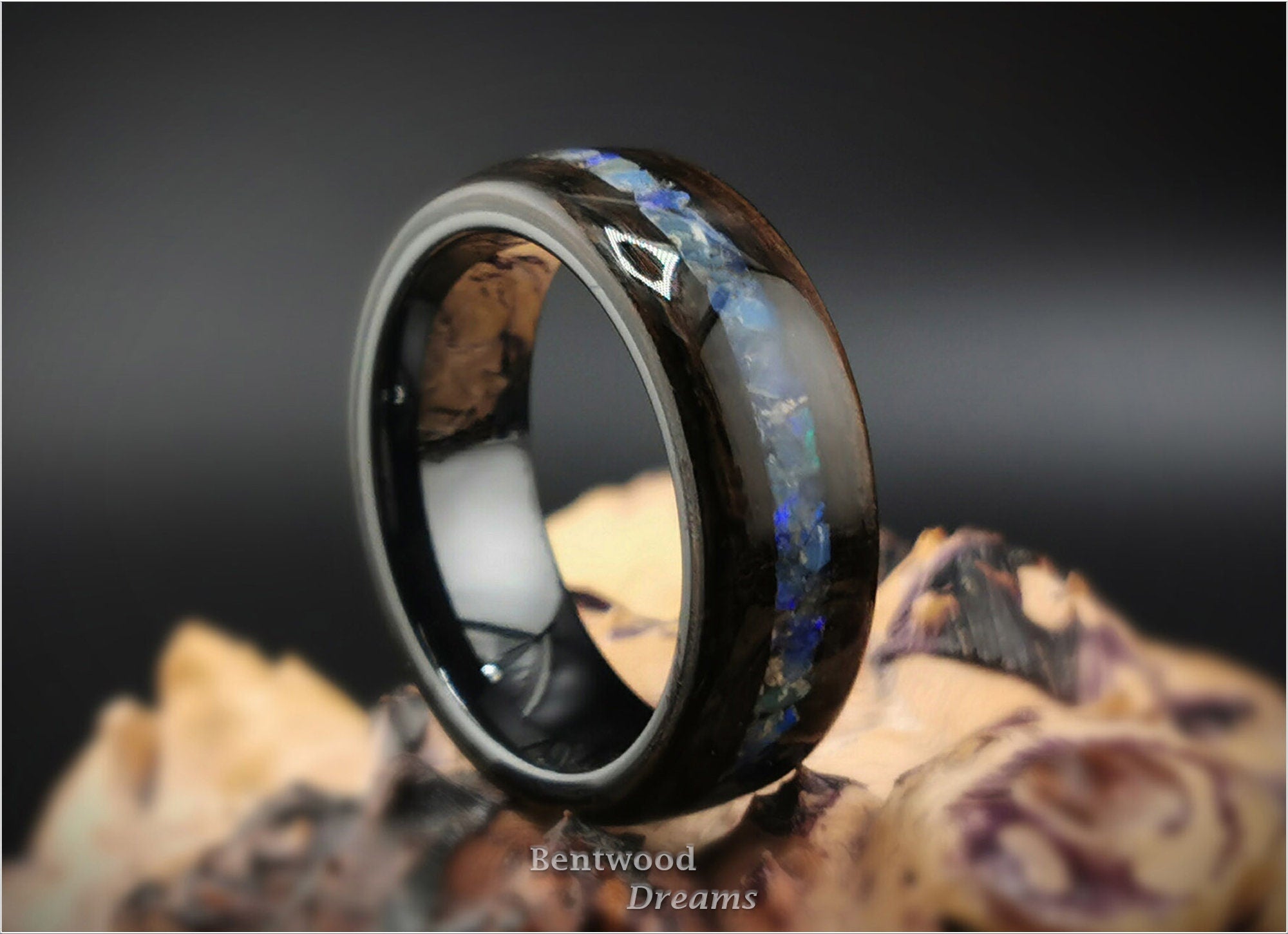 Bentwood Ring: Smoked Eucalyptus, Australian Black Opal, Polished Black Ceramic core