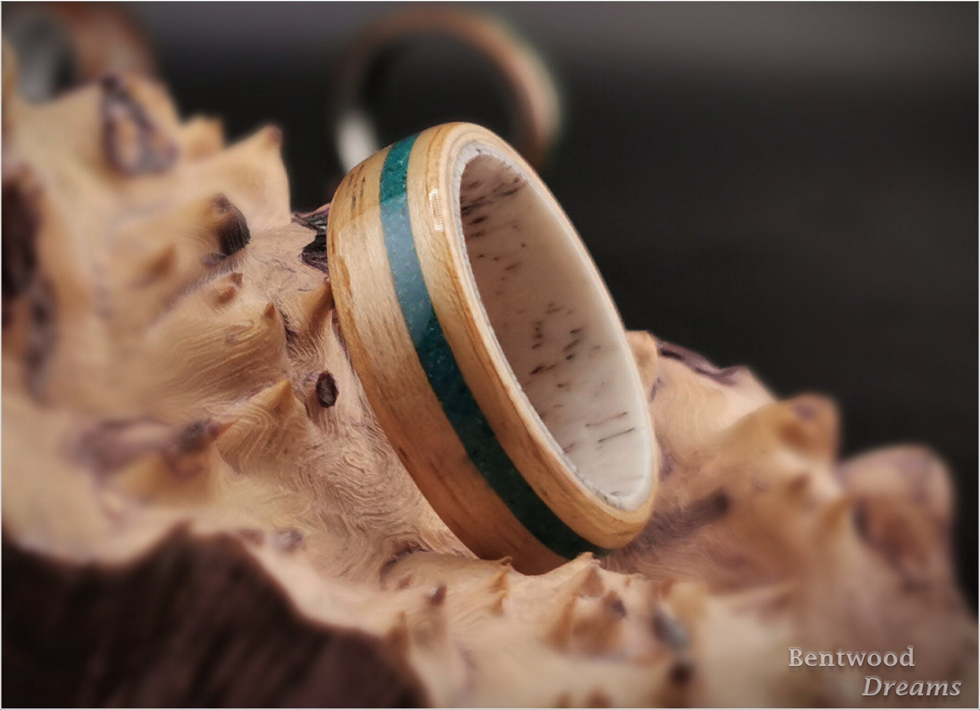 Bentwood Ring: Hickory, offset inlaid Dark Chrysocolla, Deer Antler core, wood ring