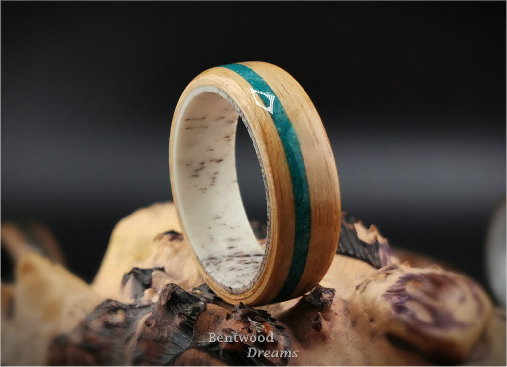 Bentwood Ring: Hickory, offset inlaid Dark Chrysocolla, Deer Antler core, wood ring