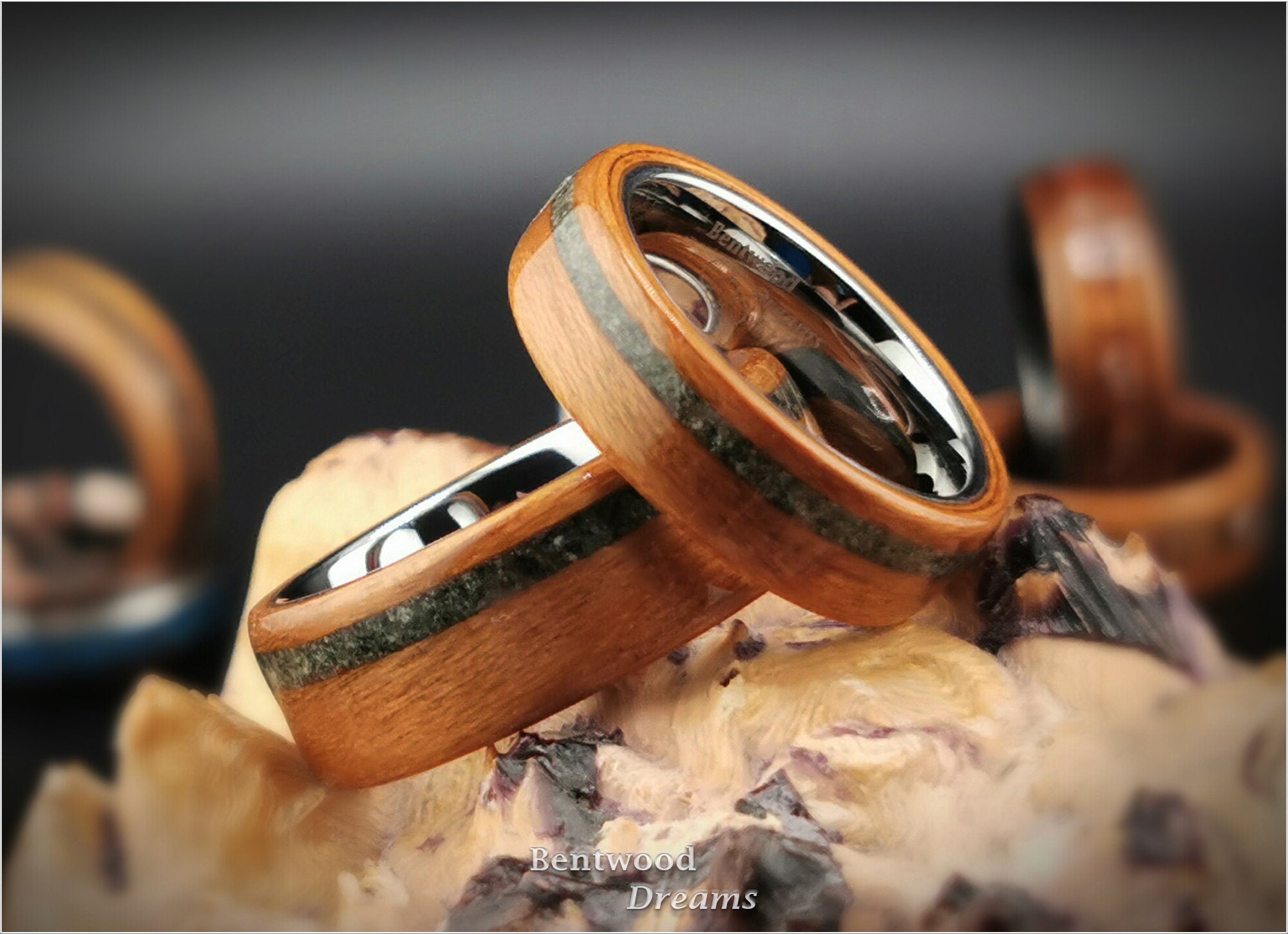 Bentwood Ring Set: Black Cherry, offset Ruby Zoisite, polished White Tungsten cores