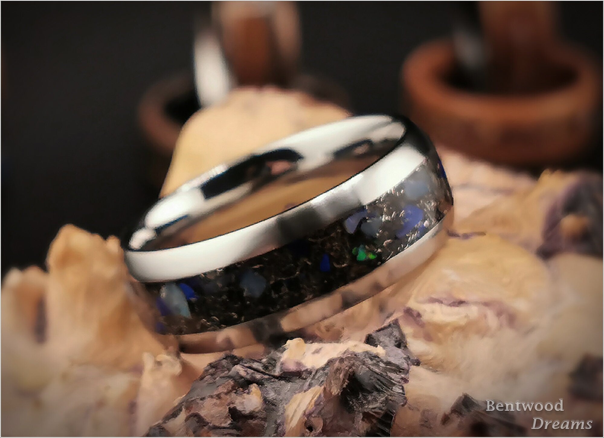Niobium Ring: inlaid Gibeon Meteorite, Australian Black Opal, and Azurite, Rare Earth Metal