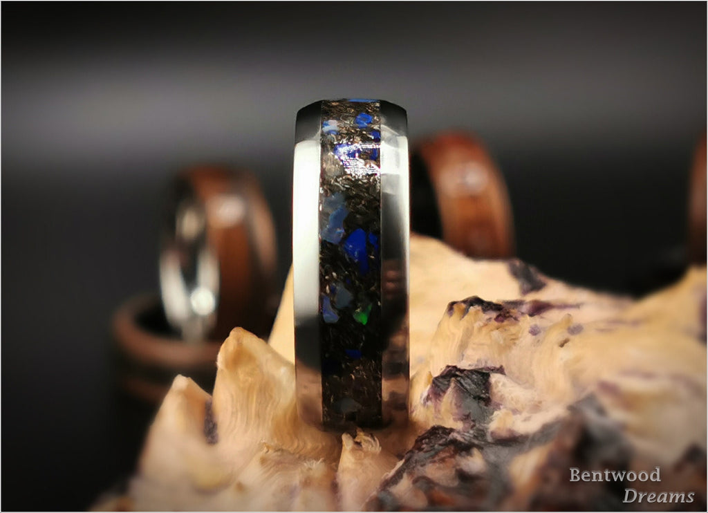 Niobium Ring: inlaid Gibeon Meteorite, Australian Black Opal, and Azurite, Rare Earth Metal