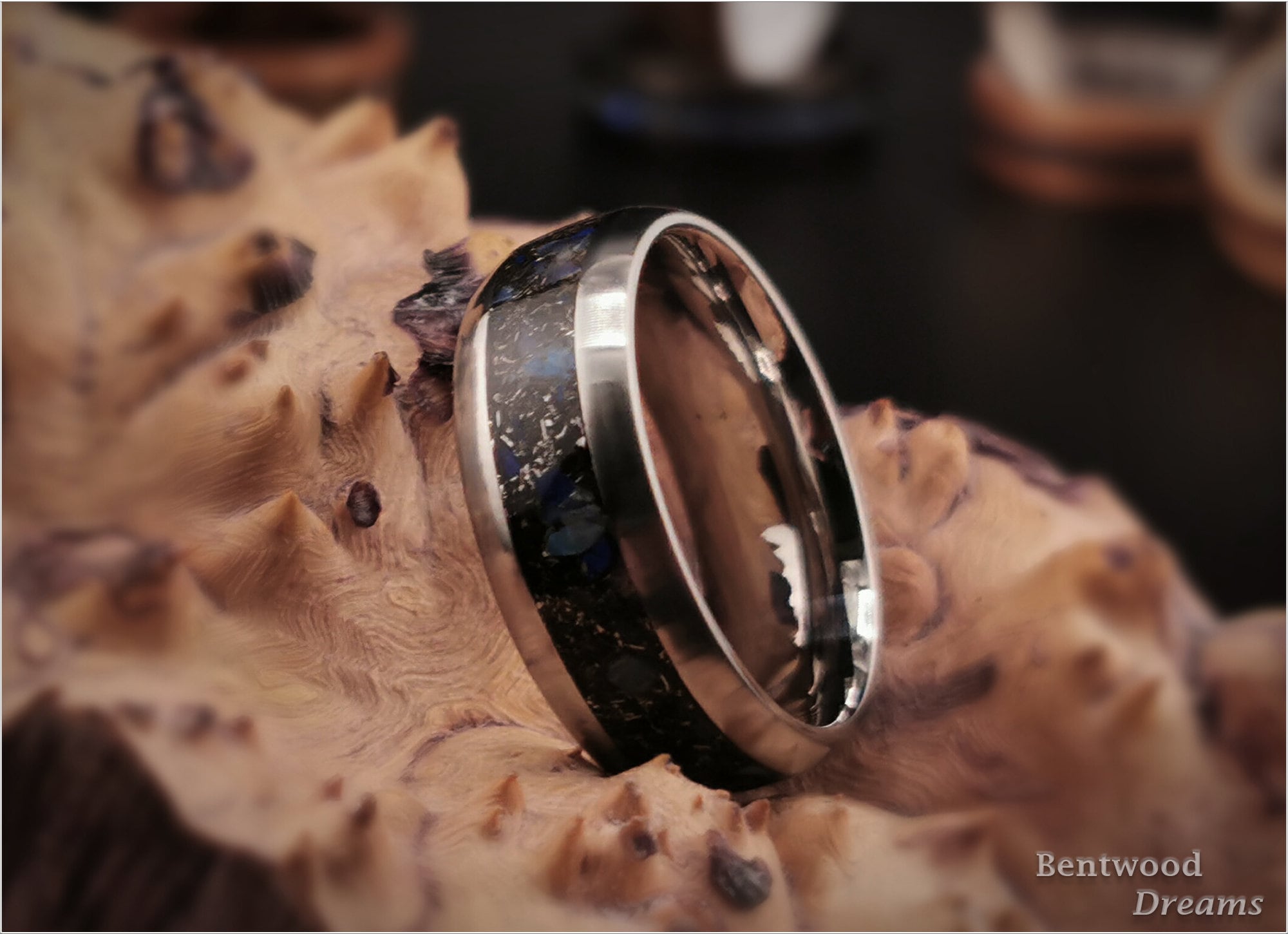 Niobium Ring: inlaid Gibeon Meteorite, Australian Black Opal, and Azurite, Rare Earth Metal