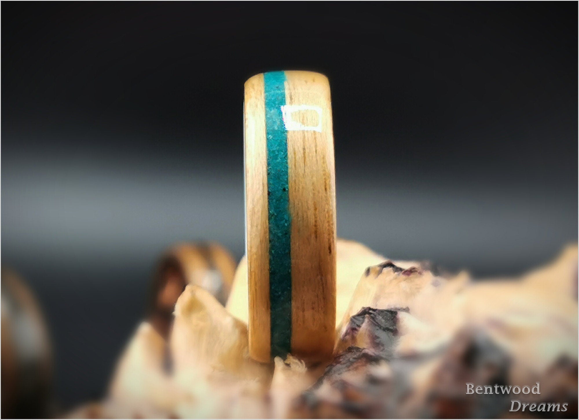 Bentwood Ring: Hickory, offset inlaid Dark Chrysocolla, Deer Antler core, wood ring
