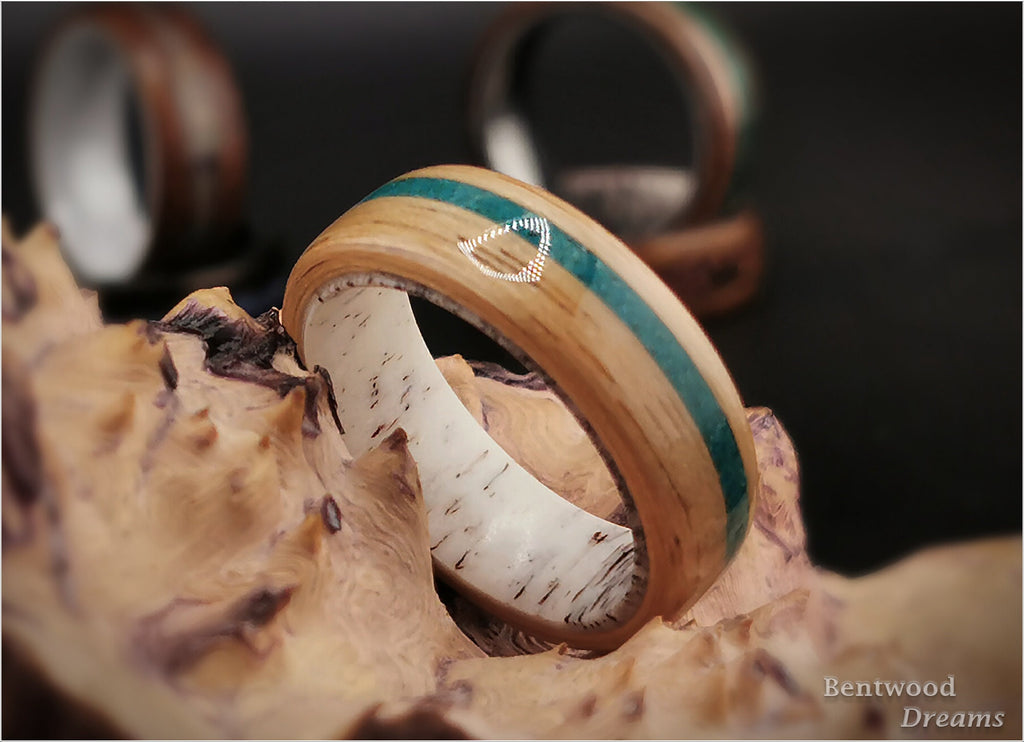 Bentwood Ring: Hickory, offset inlaid Dark Chrysocolla, Deer Antler core, wood ring