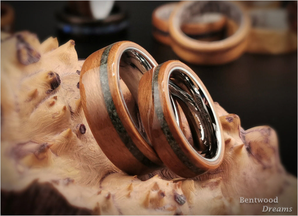 Bentwood Ring Set: Black Cherry, offset Ruby Zoisite, polished White Tungsten cores