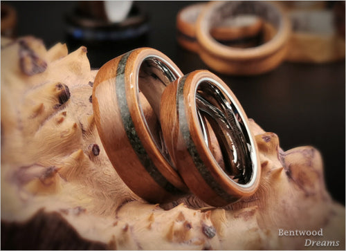 Bentwood Ring Set: Black Cherry, offset Ruby Zoisite, polished White Tungsten cores