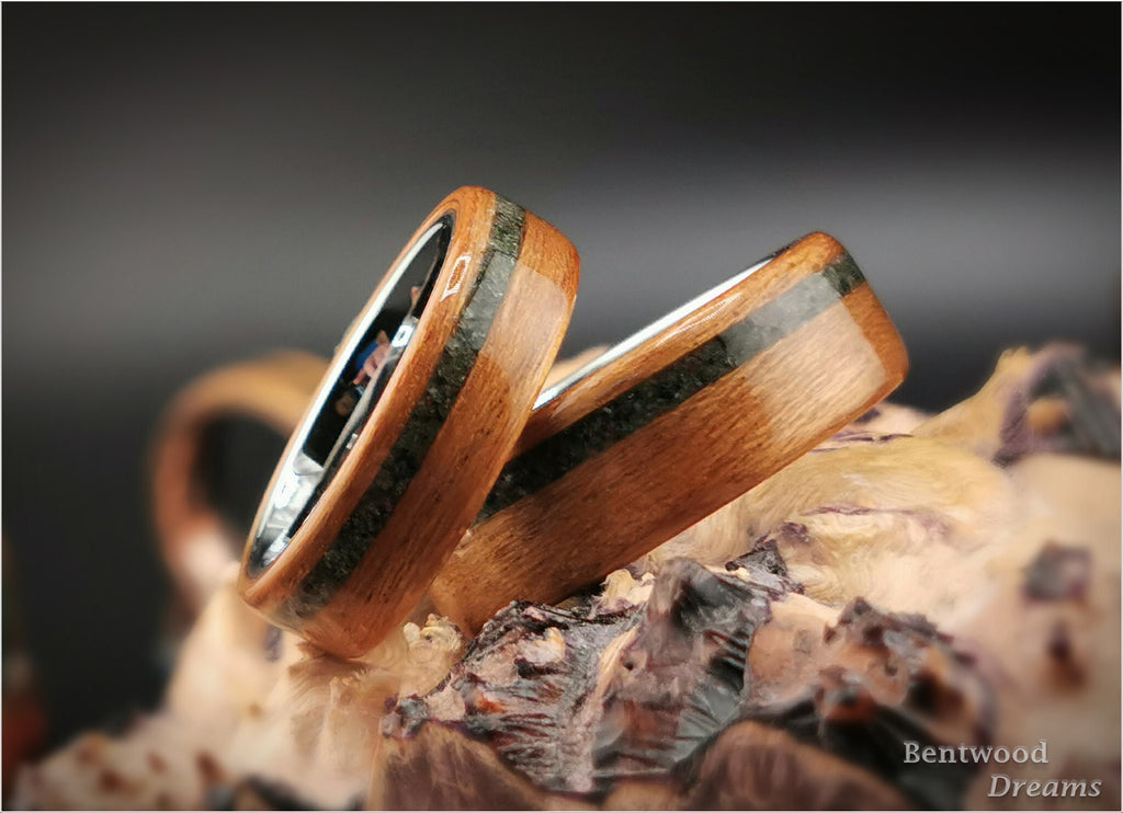 Bentwood Ring Set: Black Cherry, offset Ruby Zoisite, polished White Tungsten cores