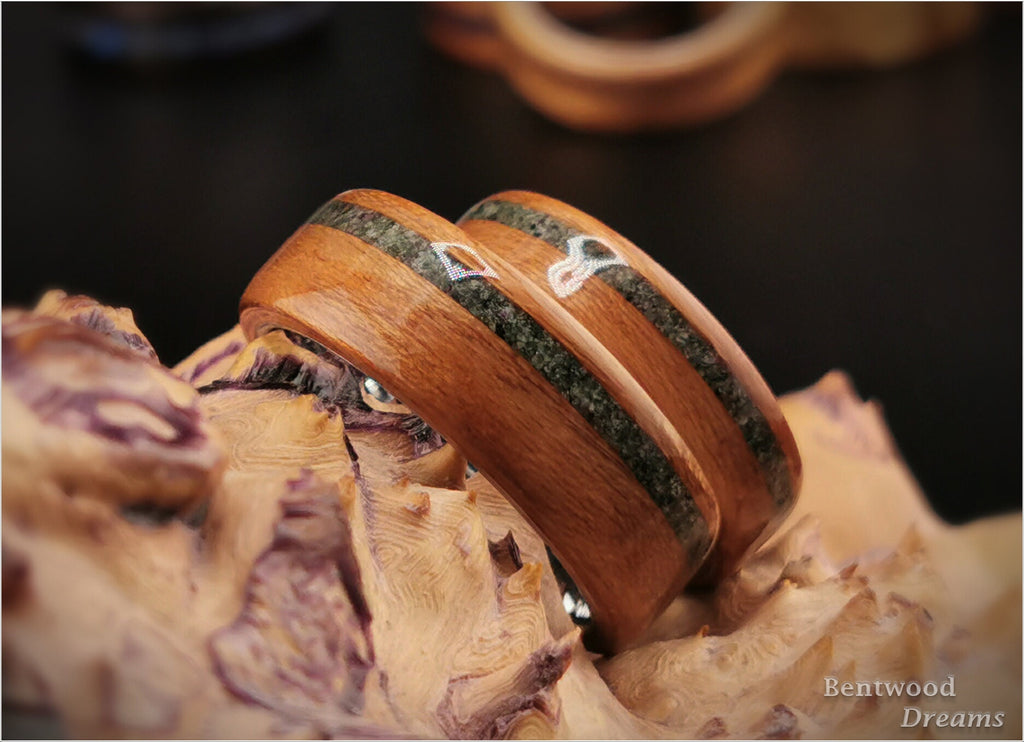 Bentwood Ring Set: Black Cherry, offset Ruby Zoisite, polished White Tungsten cores