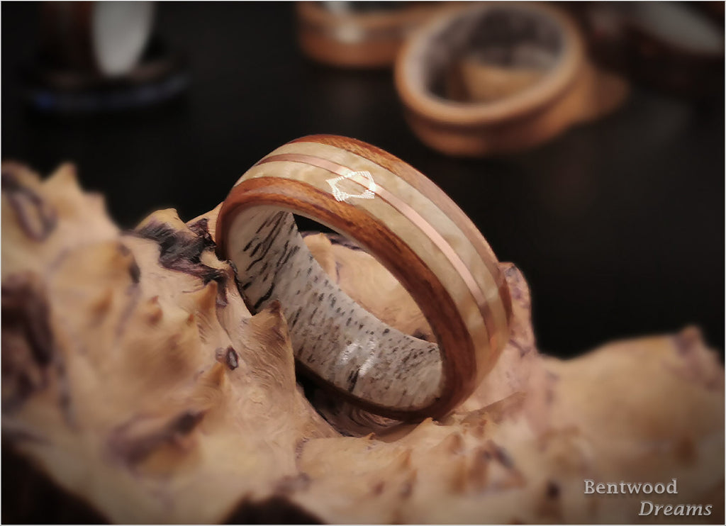 Bentwood Ring: Quartersawn Spanish Cedar, Birdseye Maple and Copper Wire, Deer Antler core
