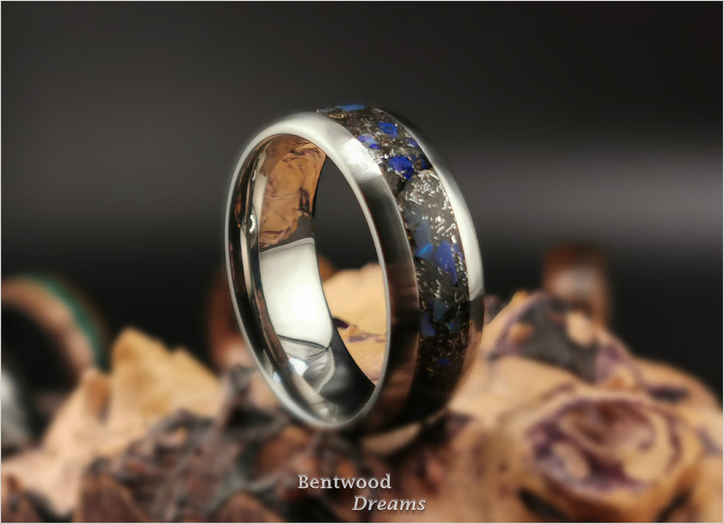 Niobium Ring: inlaid Gibeon Meteorite, Australian Black Opal, and Azurite, Rare Earth Metal