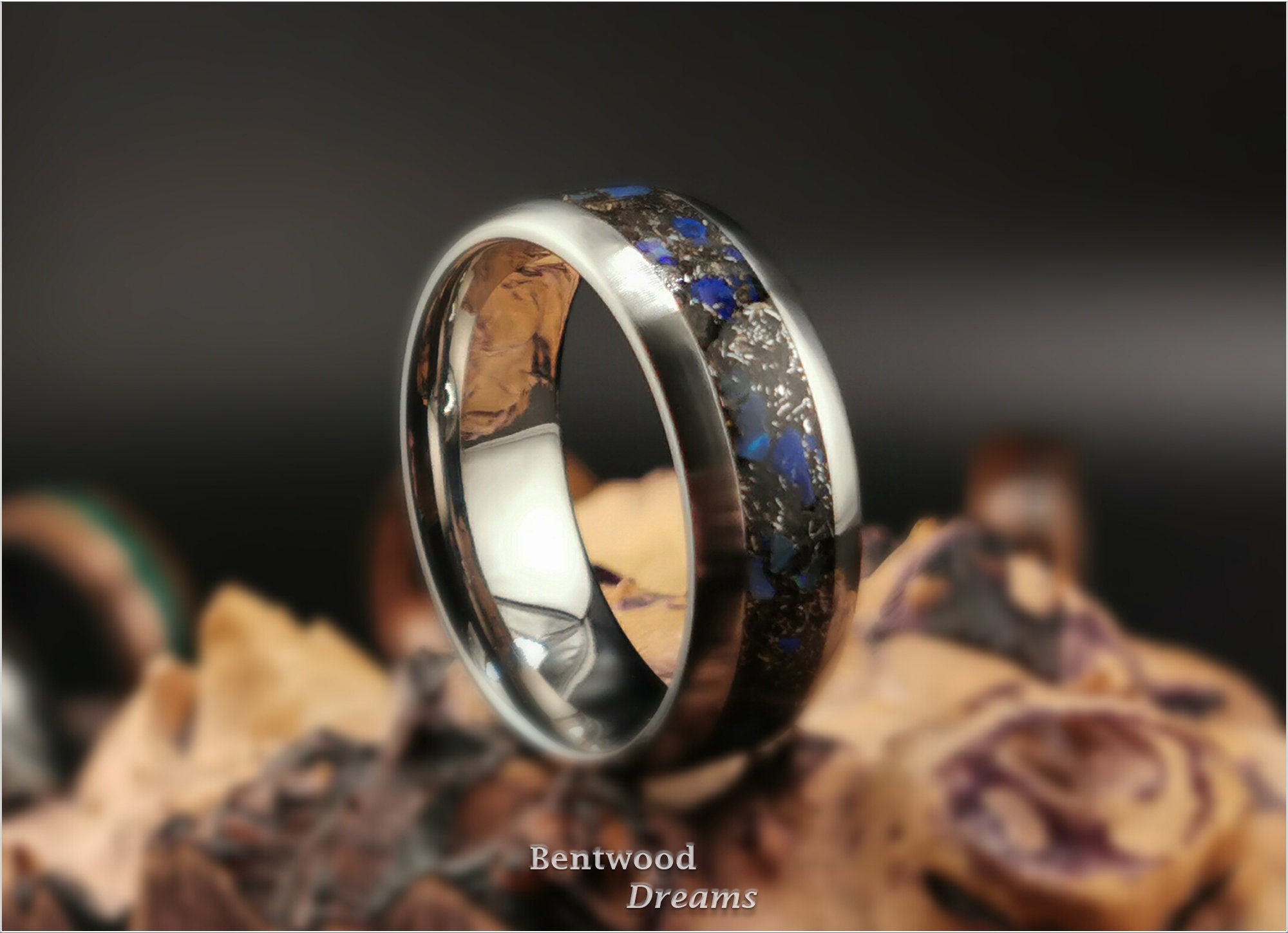 Niobium Ring: inlaid Gibeon Meteorite, Australian Black Opal, and Azurite, Rare Earth Metal